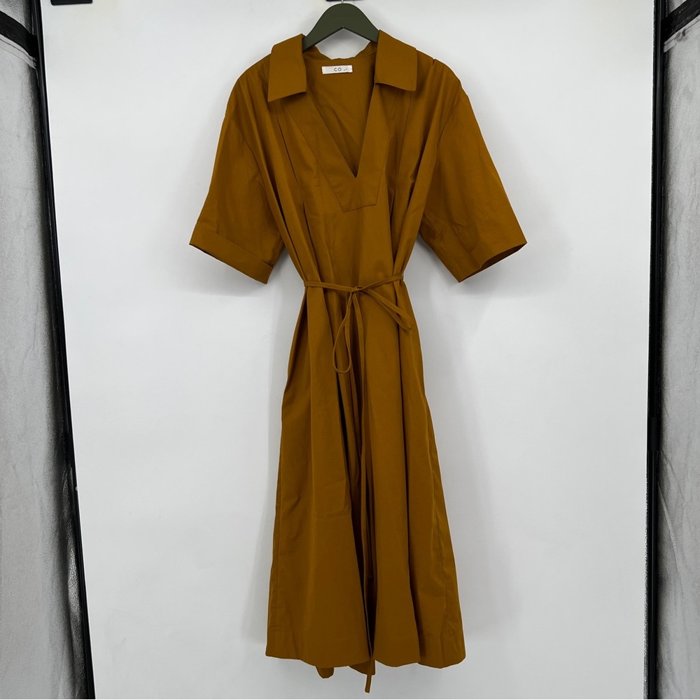 Cos Mustard Yellow Brown Long Italian Cotton Tie Waist dress XL